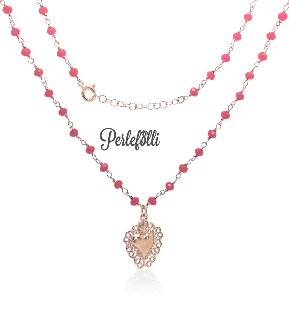 Collana Cuore Sacro con Pietre Rosse Argento 925 Rosé