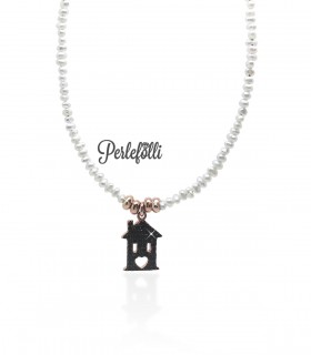 Collana Casetta Zirconi Nere con Perle d'Acqua Dolce Argento 925 Rosé