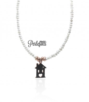 Collana Casetta Zirconi Nere con Perle d'Acqua Dolce Argento 925 Rosé