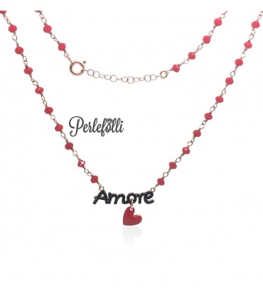 Collana Amore Zirconi Neri con Cuoricino Rosso Argento 925 Rosé