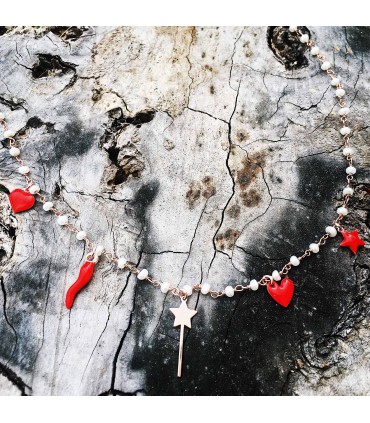 Collana Bacchetta Magica Cornetto Stella Cuori Argento 925 Rosé