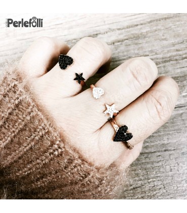 Anello Cuore Allungato con Zirconi Neri Argento 925 Rosé